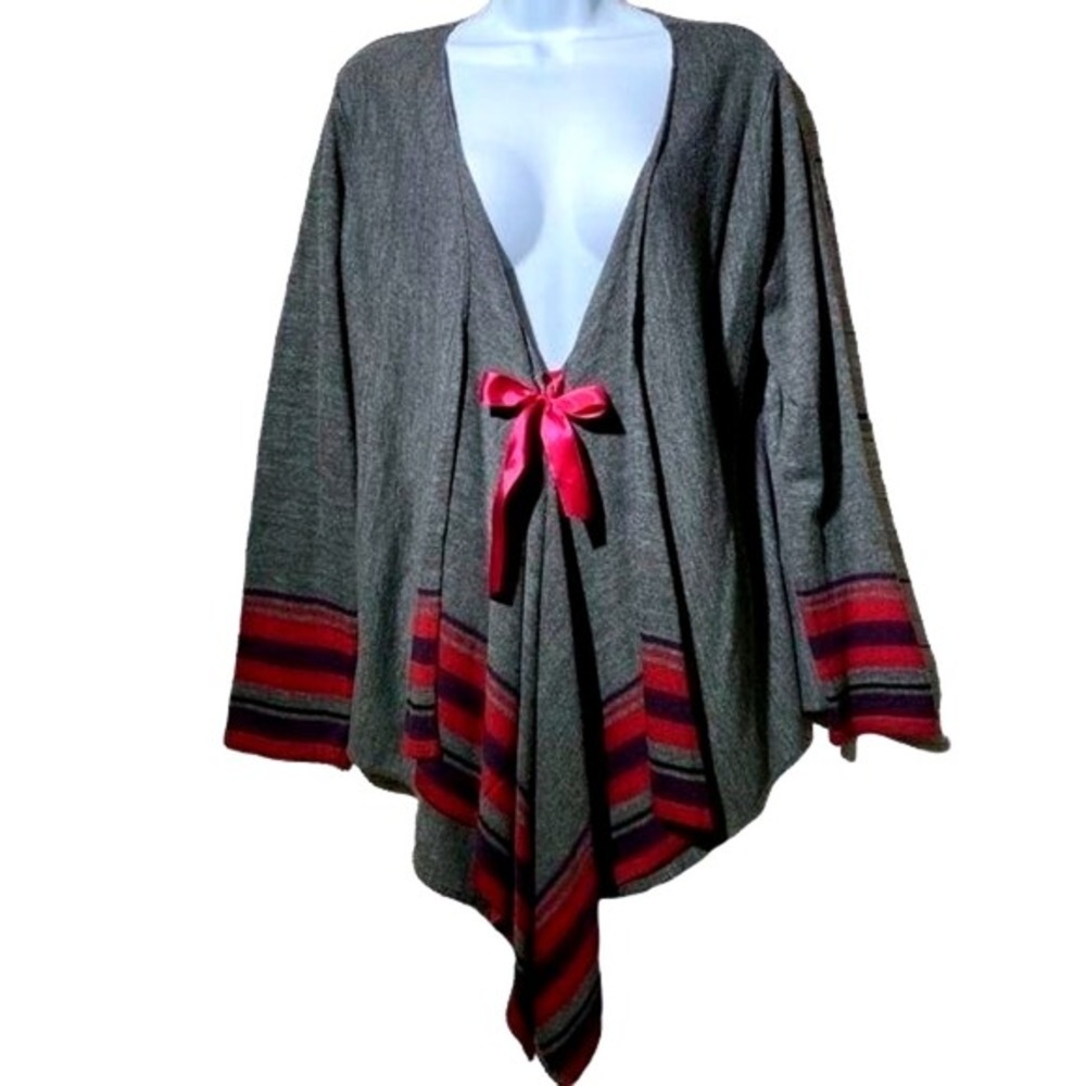Venus Womens Grey Waterfall Cardigan Pink Ribbon‎ Tie Striped Trim Size L